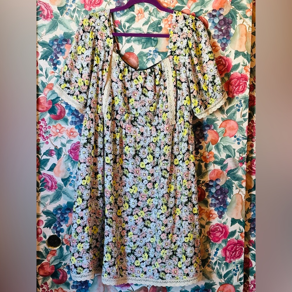 Inspired Hearts, Daisy Dark Floral & Lace Babydoll Dress, 2X